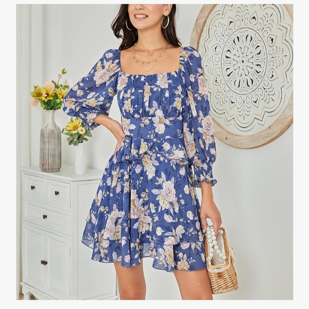 EXLURA Womens Floral Ruffle Sun Dress Sundress Tiered Square Neck Long Sleeve